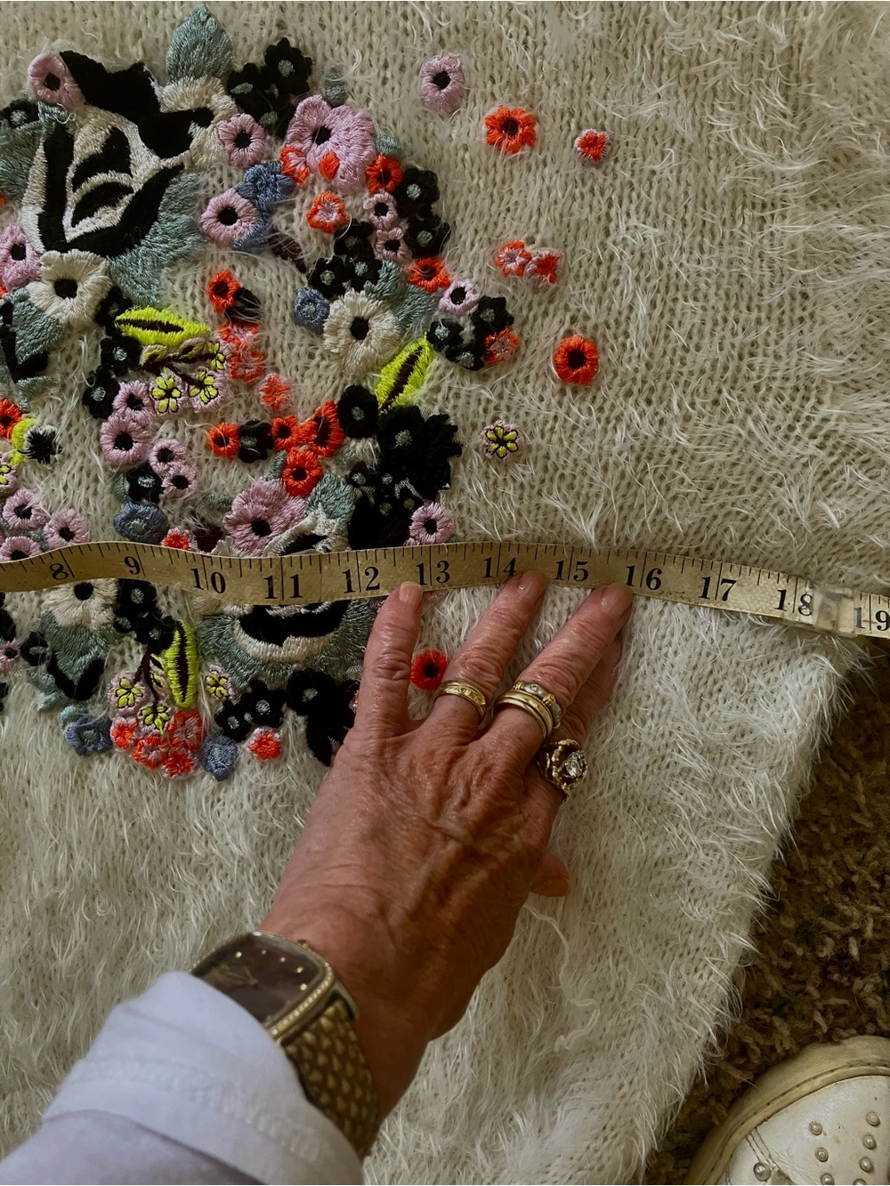 ERDEM white Fuzzy Crewneck Sweater with Floral Embroidery - Picture 6 of 8